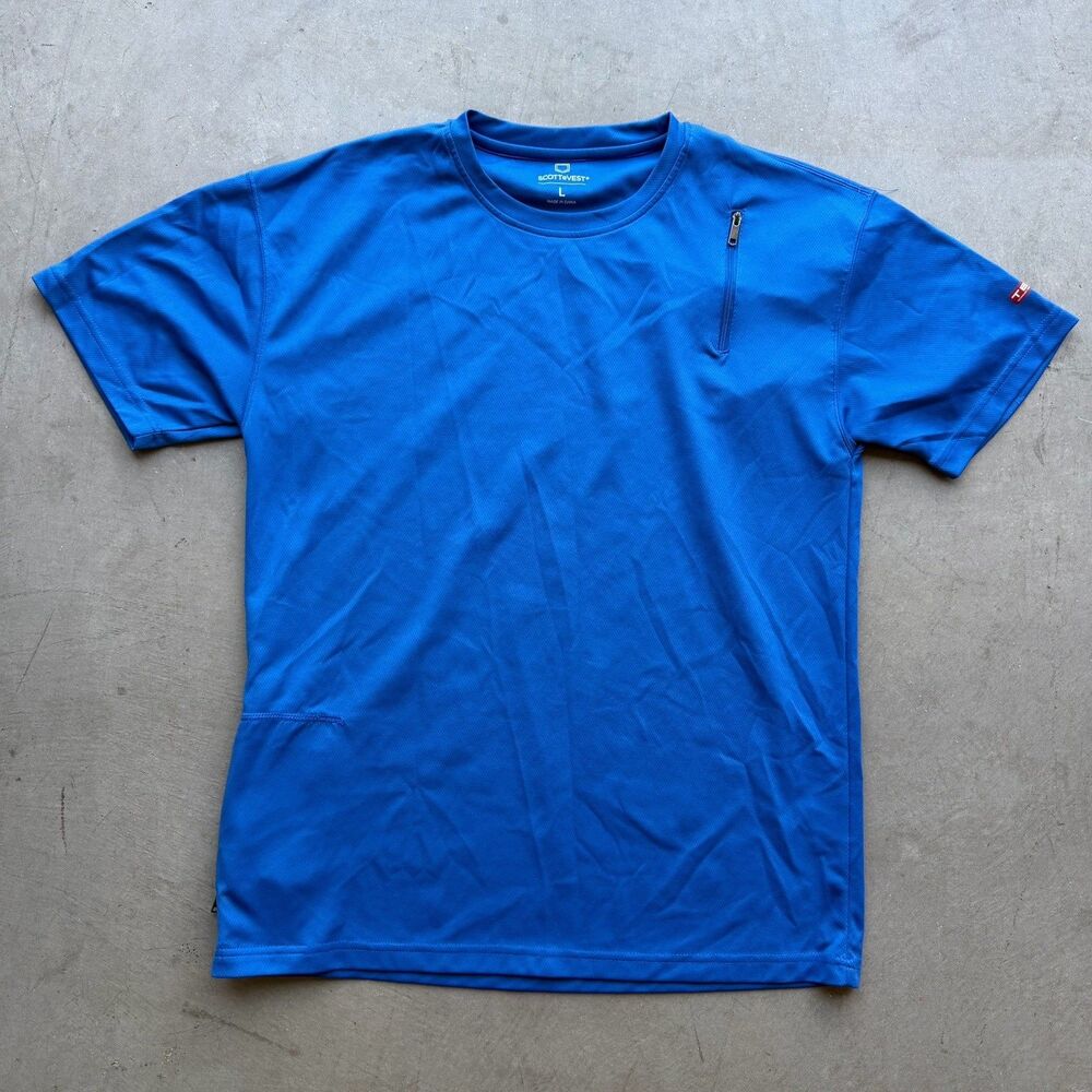 Scottevest TEC T-Shirt Mens L Blue Crew Neck Zip Pockets Outdoor Workwear